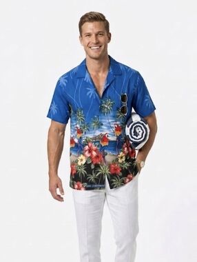 VTG 80s CT HAWAII Fashions 100% COTTON Blue Parrot Aloha Shirt MADE IN HAWAII L